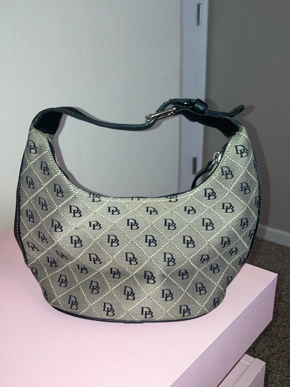 Dooney & Bourke Gray and Black Monogram Crescent Shoulder Bag